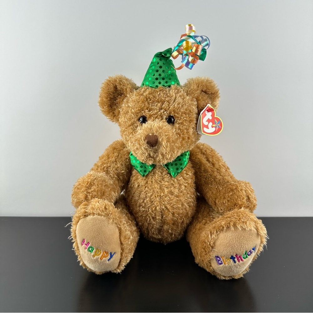 TY Beabie Buddy Brown Happy Birthday Teddy Bear Plush Stuffed Animal Hat Bow 11”